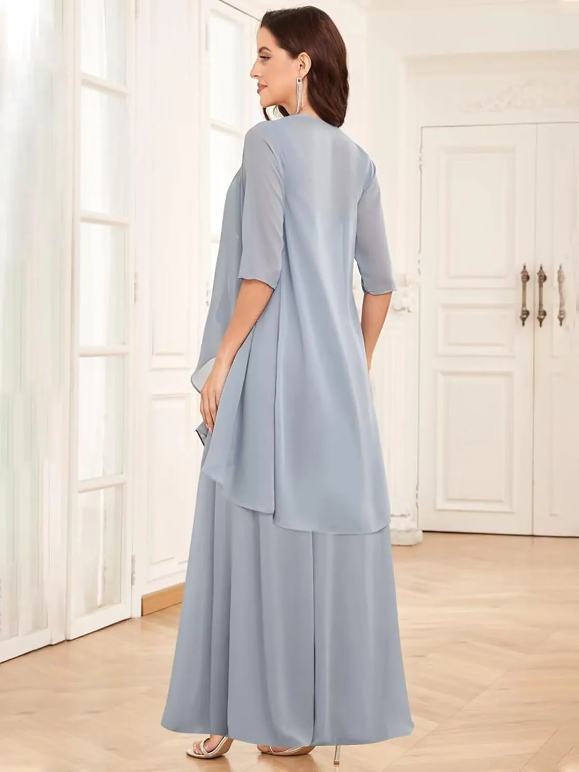 2 Piece Mother of The Bride Dress for Women with Jacket Chiffon Ruffle Long Formal Evening Gown