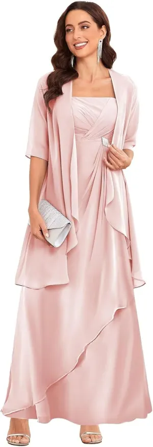 2 Piece Mother of The Bride Dress for Women with Jacket Chiffon Ruffle Long Formal Evening Gown
