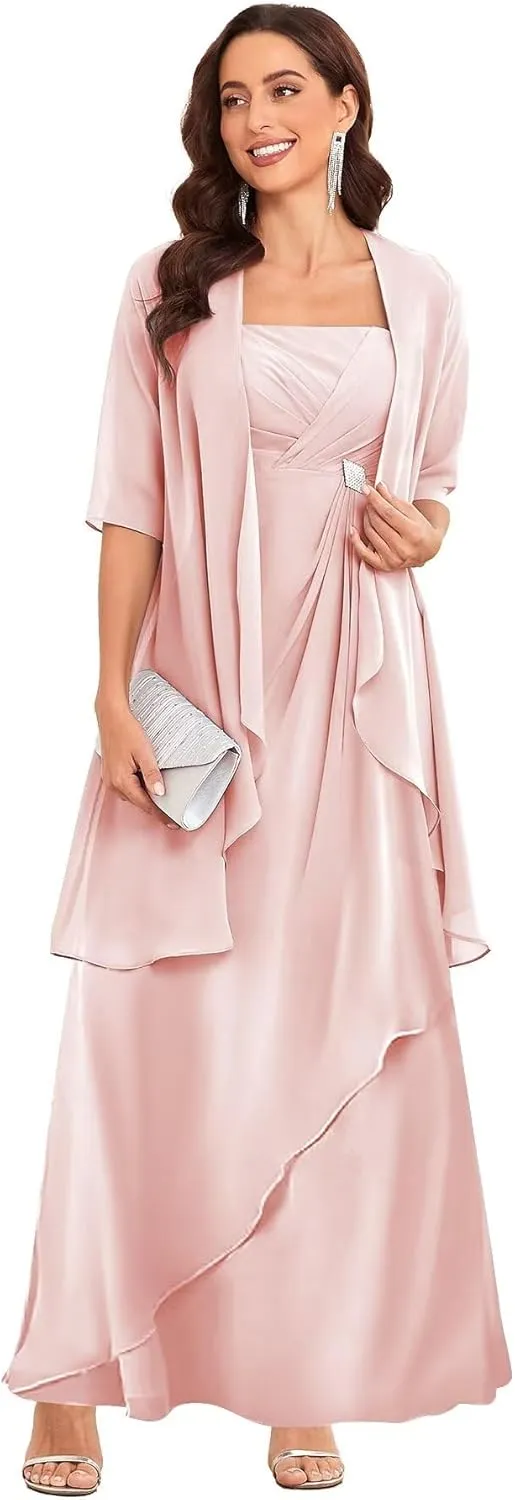 2 Piece Mother of The Bride Dress for Women with Jacket Chiffon Ruffle Long Formal Evening Gown