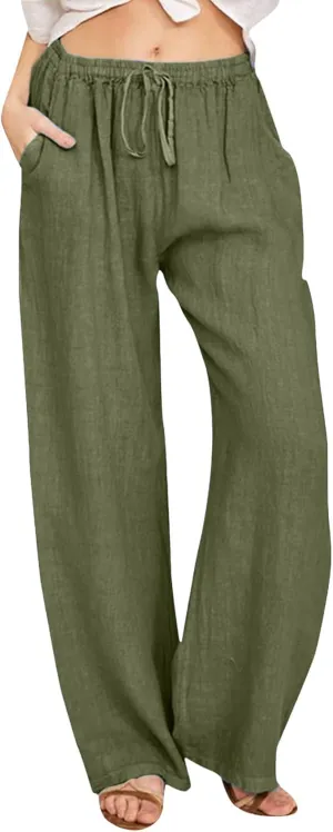 2024 Women's Summer Linen Pants Solid Wide Leg Beach Pants Drawstring Waist Loose Trouser Cotton Linen Yoga Palazzo Pants