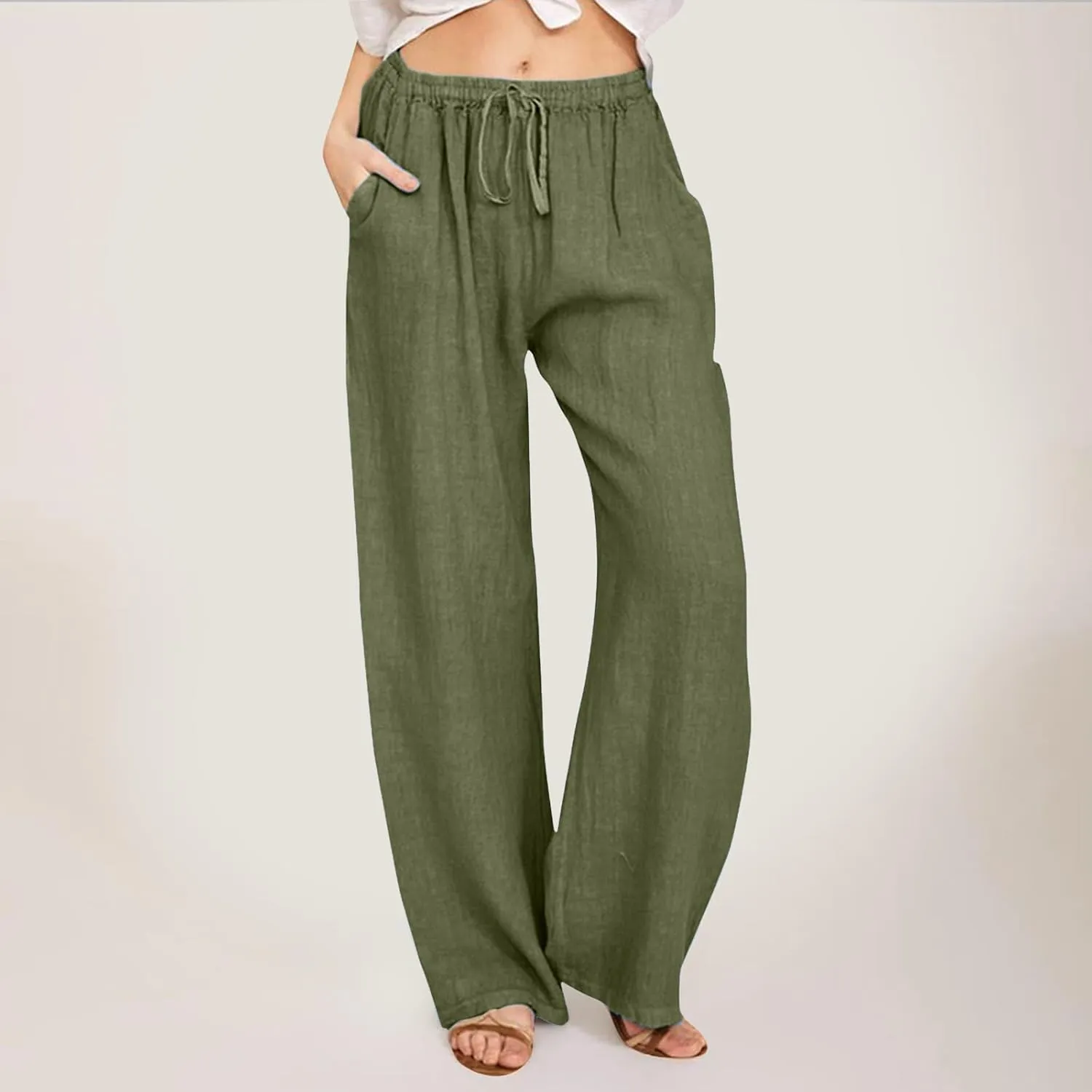 2024 Women's Summer Linen Pants Solid Wide Leg Beach Pants Drawstring Waist Loose Trouser Cotton Linen Yoga Palazzo Pants