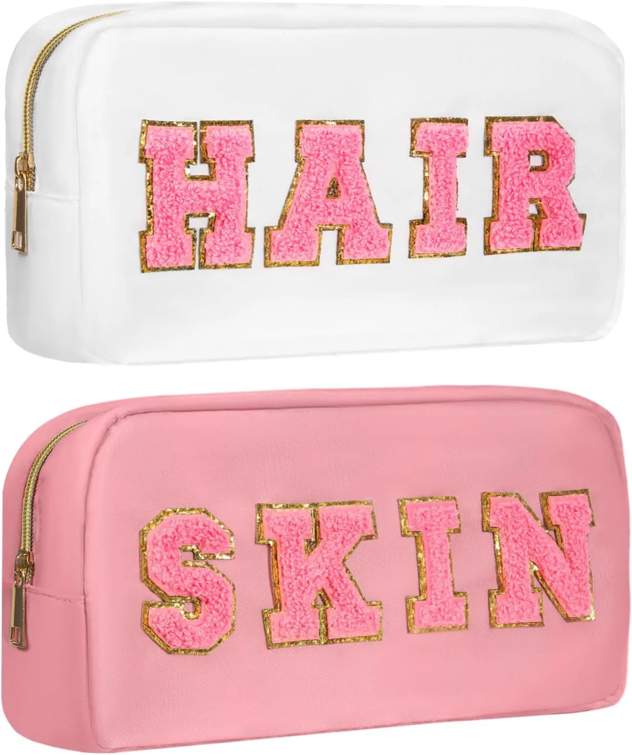 2Pcs Preppy Makeup Bags Set, Varsity Chenille Letter Cosmetic Bag with Skin/Hair Patch, Portable Waterproof Nylon Zipper Toiletry Bag Travel Organizer Gifts for Women and Teen Girls