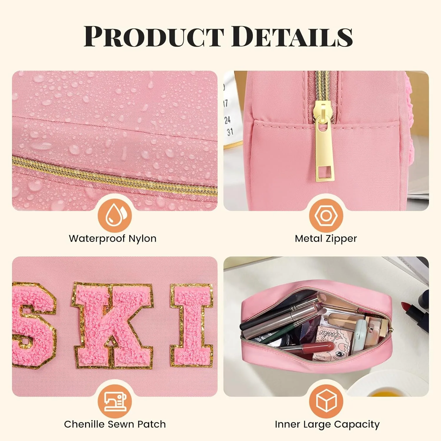 2Pcs Preppy Makeup Bags Set, Varsity Chenille Letter Cosmetic Bag with Skin/Hair Patch, Portable Waterproof Nylon Zipper Toiletry Bag Travel Organizer Gifts for Women and Teen Girls