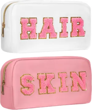 2Pcs Preppy Makeup Bags Set, Varsity Chenille Letter Cosmetic Bag with Skin/Hair Patch, Portable Waterproof Nylon Zipper Toiletry Bag Travel Organizer Gifts for Women and Teen Girls