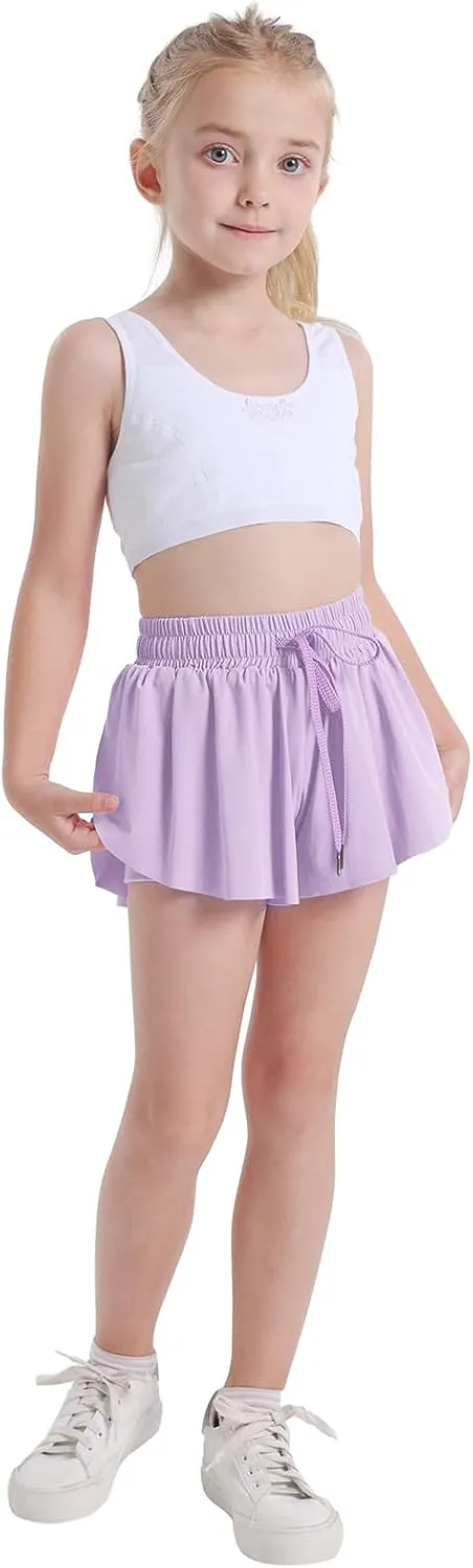 3 Pack Girls Flowy Shorts 2 in 1 Butterfly Skirt Shorts with Pockets for Dance School Wear Running Gym Fitness Sleep