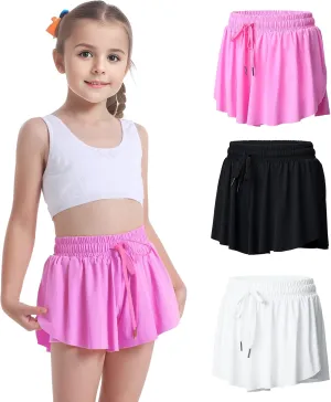 3 Pack Girls Flowy Shorts 2 in 1 Butterfly Skirt Shorts with Pockets for Dance School Wear Running Gym Fitness Sleep
