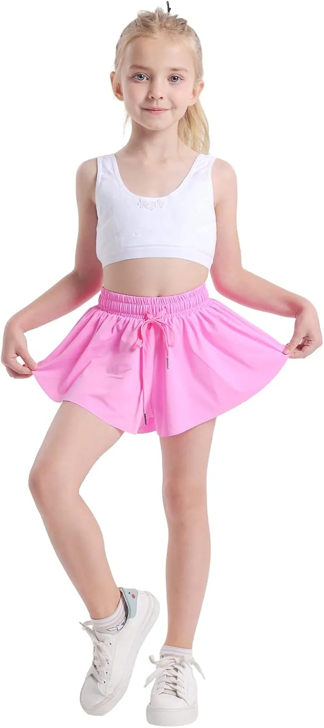 3 Pack Girls Flowy Shorts 2 in 1 Butterfly Skirt Shorts with Pockets for Dance School Wear Running Gym Fitness Sleep