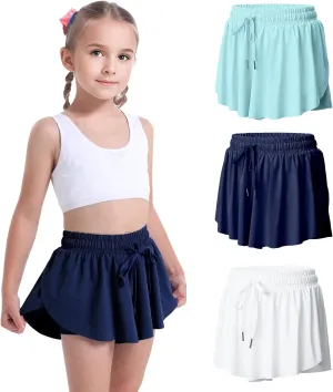 3 Pack Girls Flowy Shorts 2 in 1 Butterfly Skirt Shorts with Pockets for Dance School Wear Running Gym Fitness Sleep