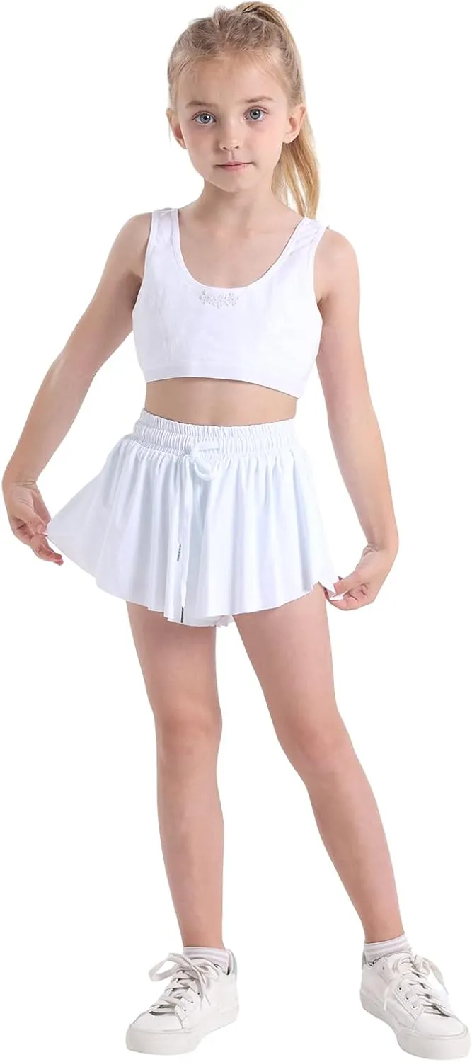 3 Pack Girls Flowy Shorts 2 in 1 Butterfly Skirt Shorts with Pockets for Dance School Wear Running Gym Fitness Sleep