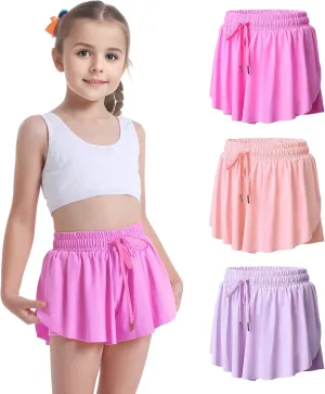 3 Pack Girls Flowy Shorts 2 in 1 Butterfly Skirt Shorts with Pockets for Dance School Wear Running Gym Fitness Sleep