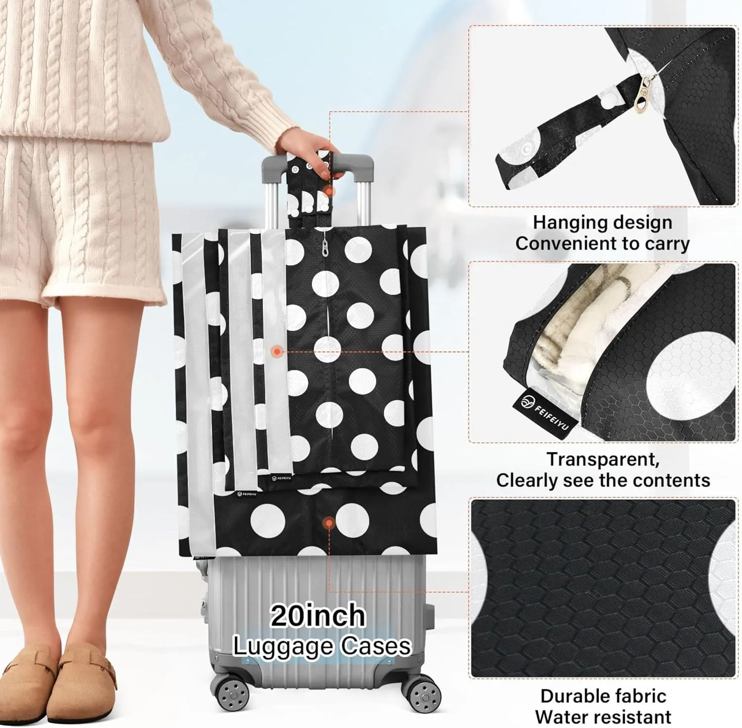 3 Set Packing Cubes Luggage Packing Organizers Big Polka Dot Black White Travel Packing Storage Bags for Suitcase Travel Accessories