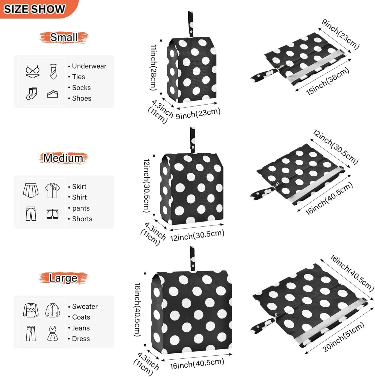 3 Set Packing Cubes Luggage Packing Organizers Big Polka Dot Black White Travel Packing Storage Bags for Suitcase Travel Accessories