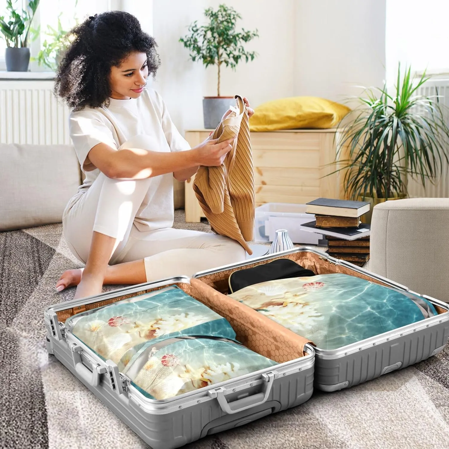 3 Set Packing Cubes Luggage Packing Organizers Seashell on The Summer Beach in Sea Travel Packing Storage Bags for Suitcase Travel Accessories