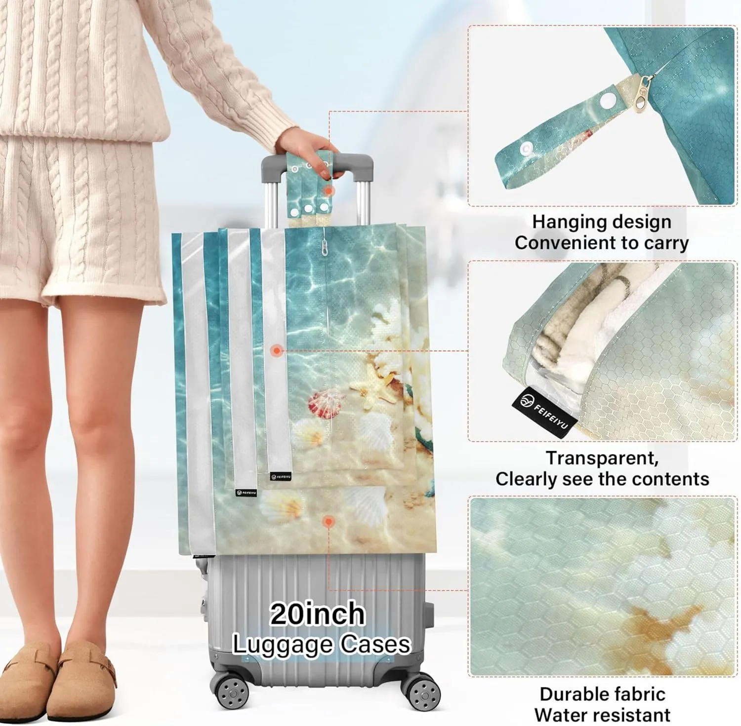 3 Set Packing Cubes Luggage Packing Organizers Seashell on The Summer Beach in Sea Travel Packing Storage Bags for Suitcase Travel Accessories