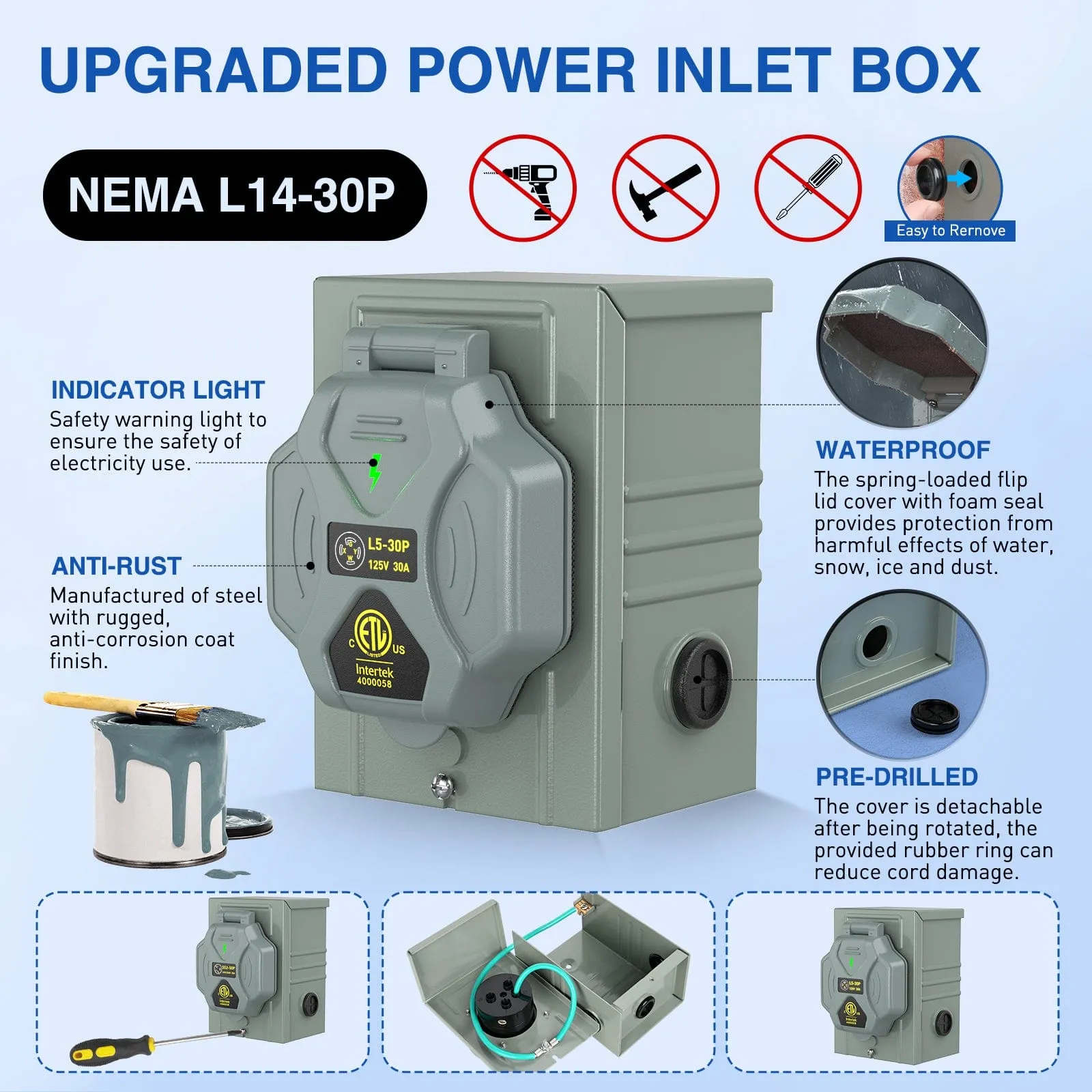 30A 100FT Generator Extension Cord Power Inlet Box with Locking Connector