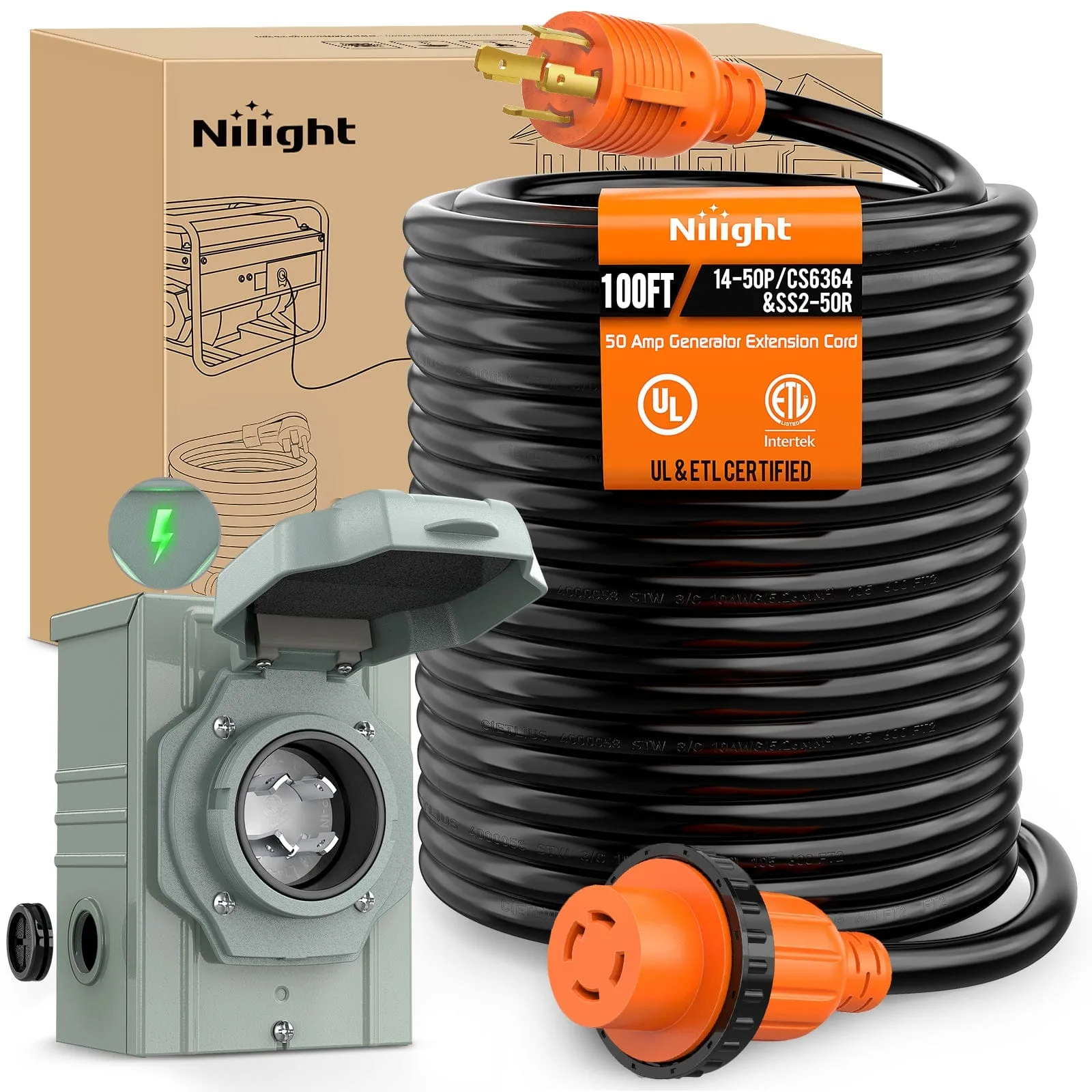 30A 100FT Generator Extension Cord Power Inlet Box with Locking Connector