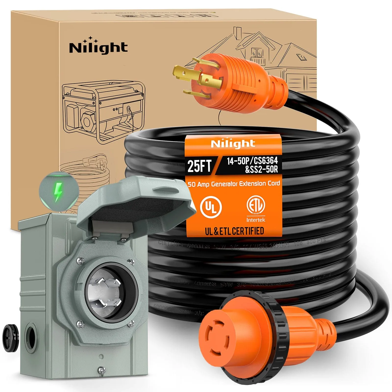 30A 25FT Generator Extension Cord Power Inlet Box with Locking Connector