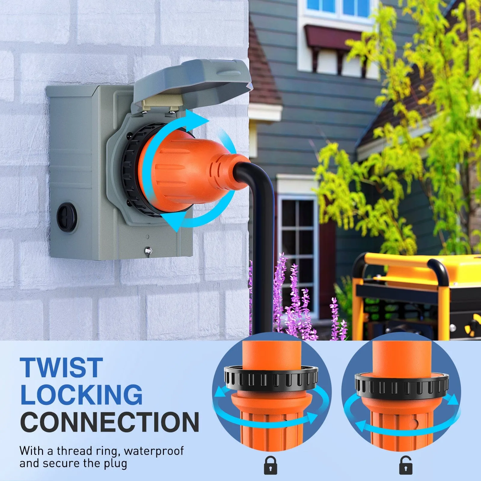 30A 50FT Generator Extension Cord Power Inlet Box with Locking Connector