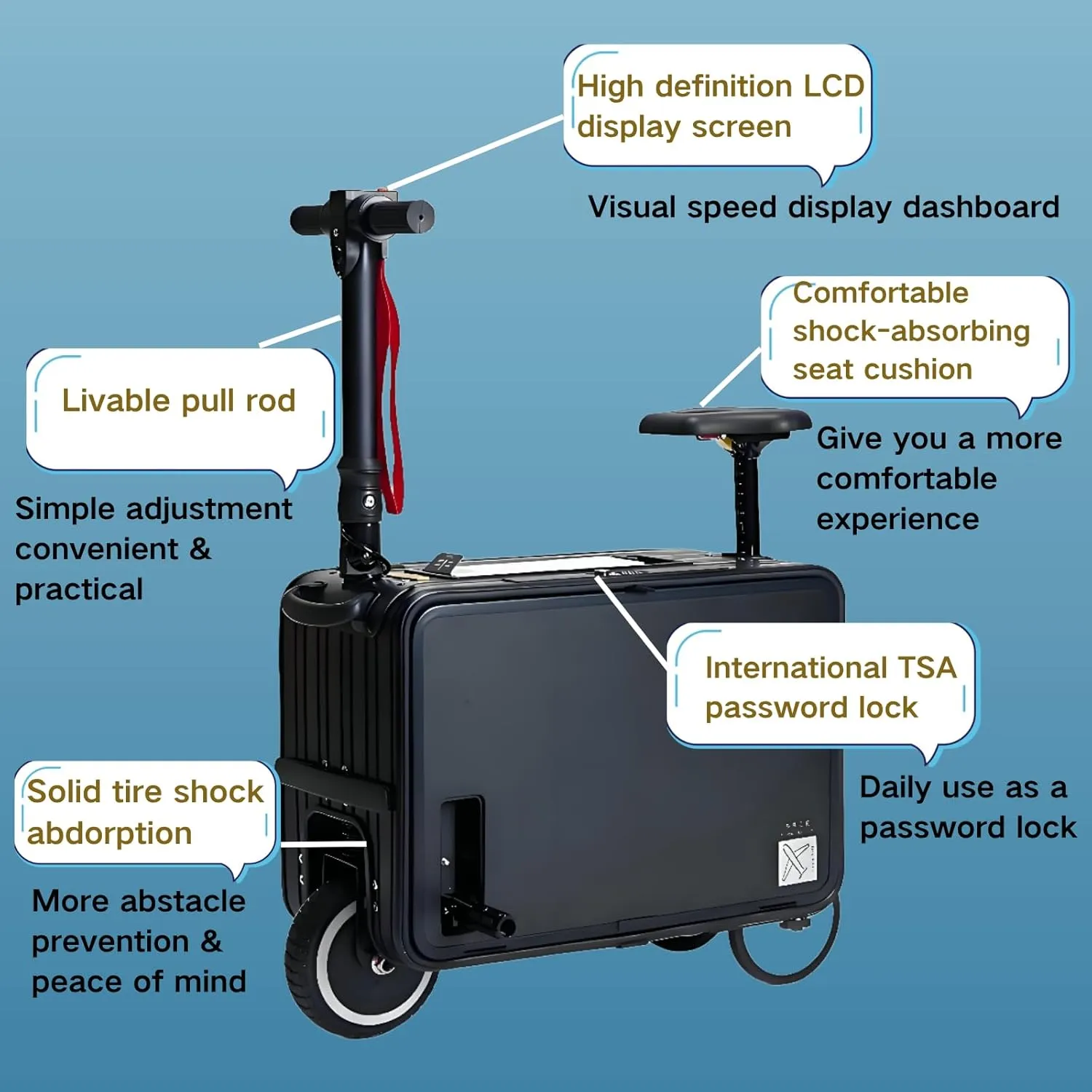 30L Electric Luggage Smart Riding Scooter Suitcase 20 Inch for Traval with Seat and LED Light, Long battery life and Durable (Black)