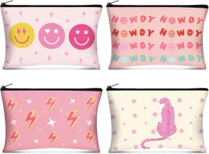 4 Pcs Pink Preppy Makeup Bag with Zippers Toiletry Bag Large Cosmetic Bag Smile Leopard Howdy Makeup Pouch Portable Travel Preppy Accessories Valentine's Gift for Women
