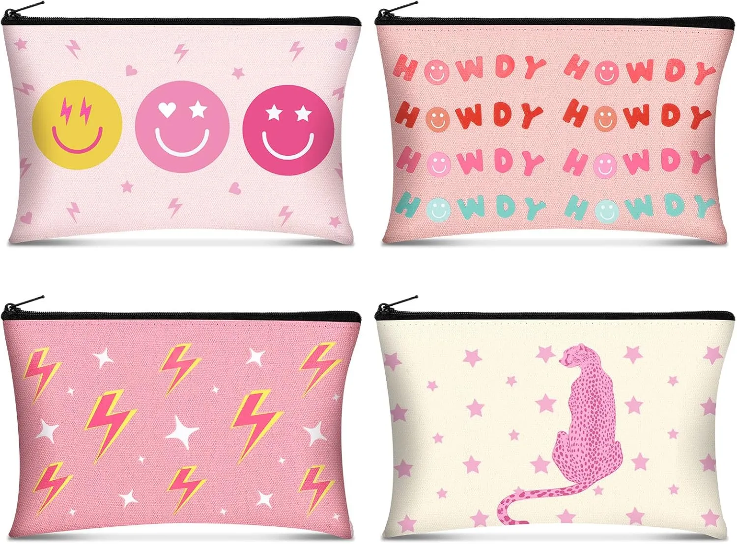 4 Pcs Pink Preppy Makeup Bag with Zippers Toiletry Bag Large Cosmetic Bag Smile Leopard Howdy Makeup Pouch Portable Travel Preppy Accessories Valentine's Gift for Women