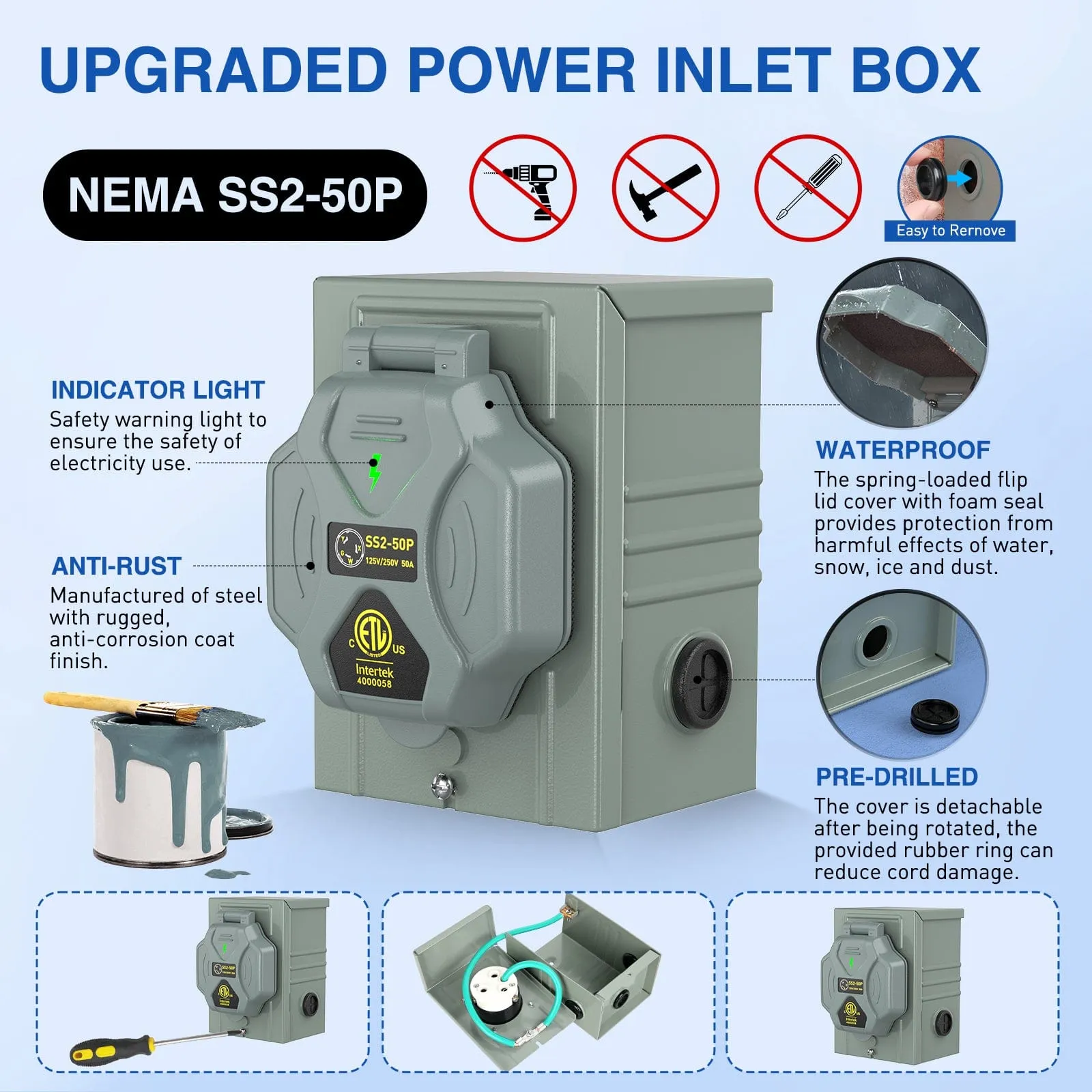 50A 50FT Generator Extension Cord Power Inlet Box with Locking Connector