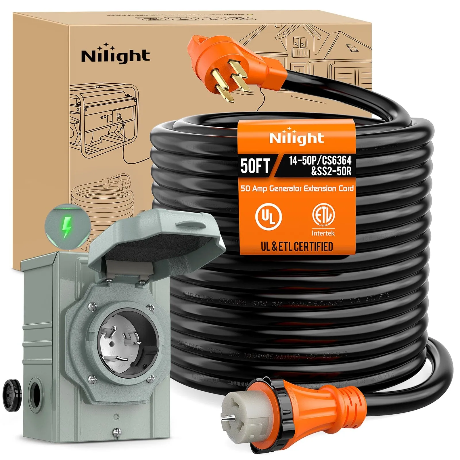 50A 50FT Generator Extension Cord Power Inlet Box with Locking Connector