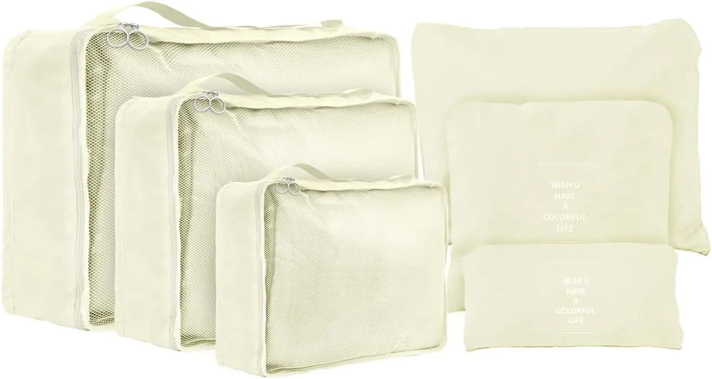 6 Set Compression Packing Cubes For Travel,Lightweight Travel Essentials,Luggage Organizers for Suitcase,Travel Accessories Bags for Clothes,Shoes,Electronics,Cosmetics Toiletries (Beige)
