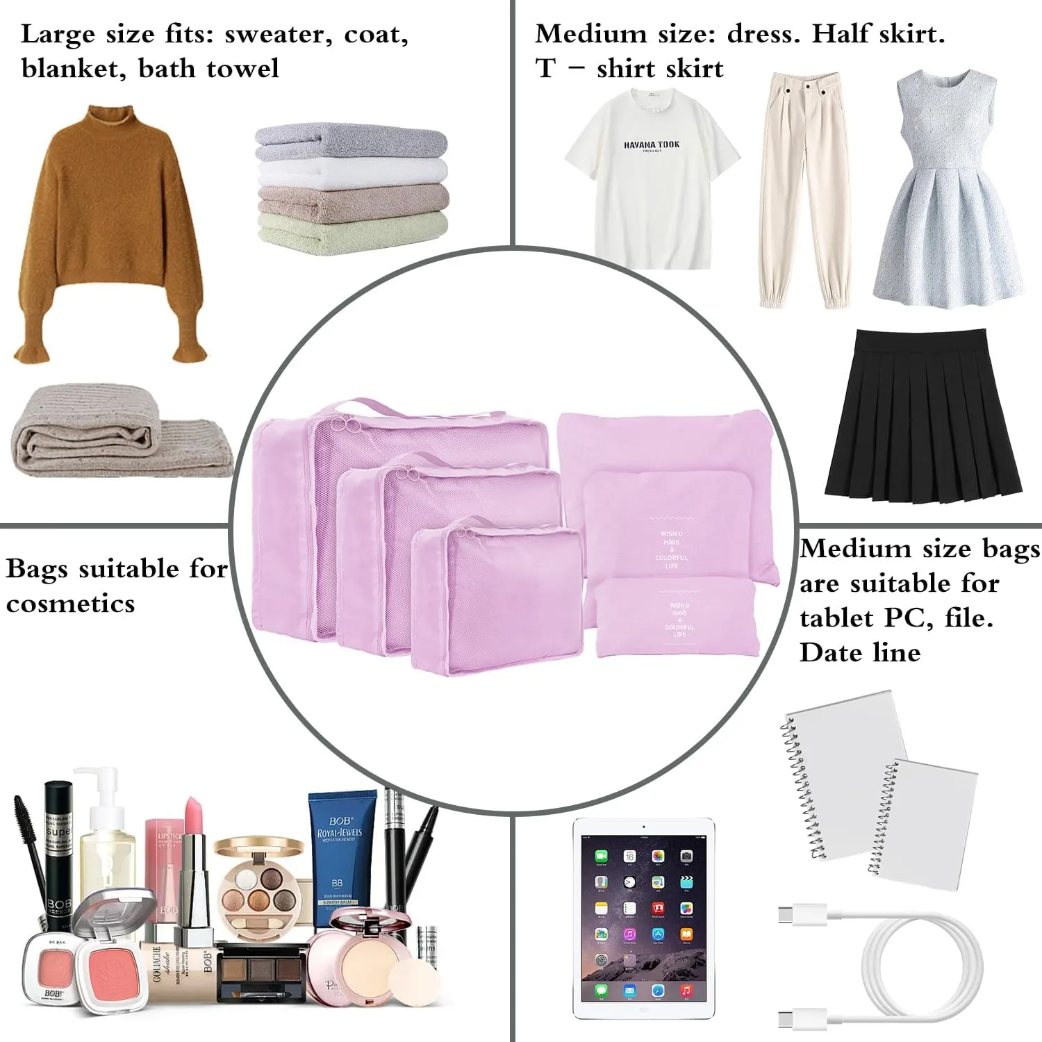 6 Set Compression Packing Cubes For Travel,Lightweight Travel Essentials,Luggage Organizers for Suitcase,Travel Accessories Bags for Clothes,Shoes,Electronics,Cosmetics Toiletries (PeachyPink)