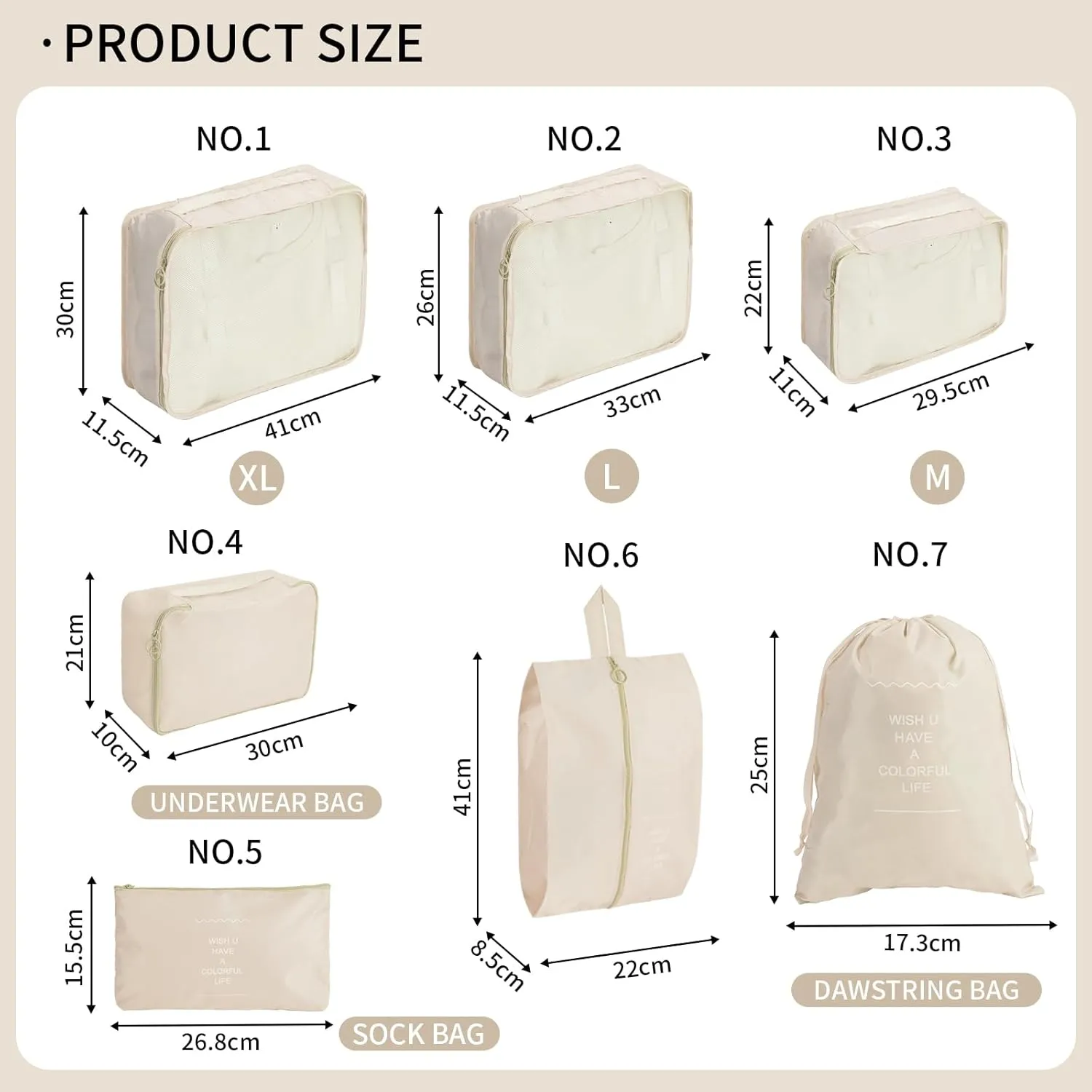 7 PCS Packing Cubes for Suitcases, Travel Luggage Organizers Bags Packing Cube Waterproof Travel Essentials Bag Packing Cubes for Clothes Shoes Storage Bags, Beige