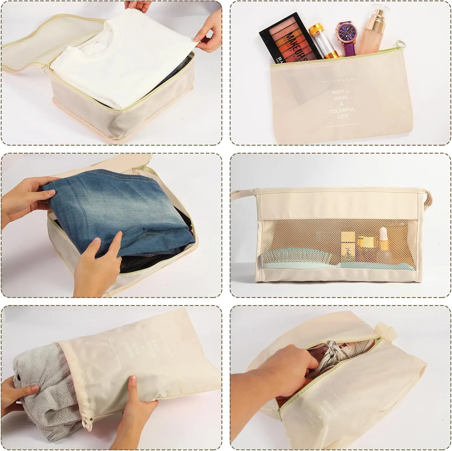 7 PCS Packing Cubes for Suitcases, Travel Luggage Organizers Bags Packing Cube Waterproof Travel Essentials Bag Packing Cubes for Clothes Shoes Storage Bags, Beige