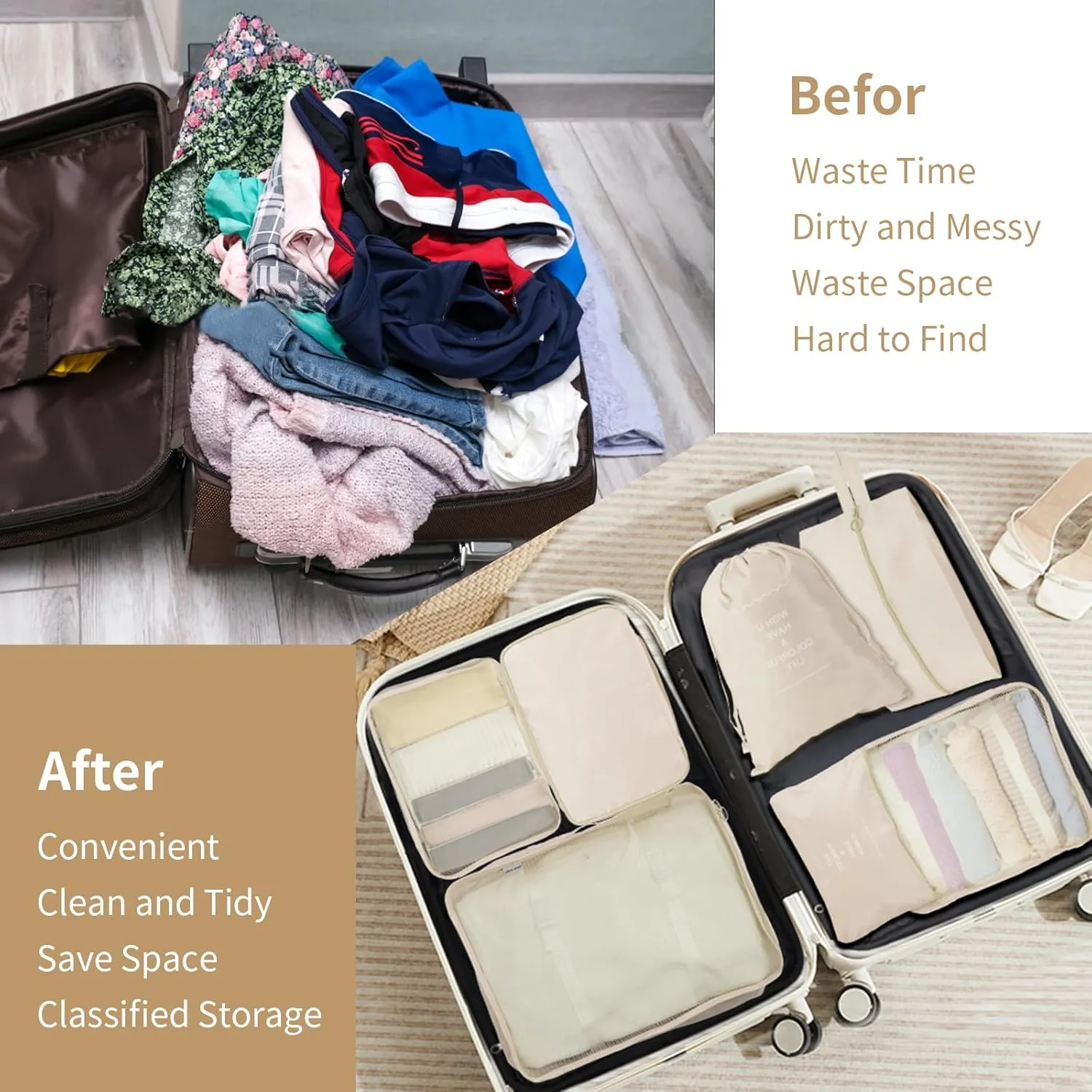 7 PCS Packing Cubes for Suitcases, Travel Luggage Organizers Bags Packing Cube Waterproof Travel Essentials Bag Packing Cubes for Clothes Shoes Storage Bags, Beige