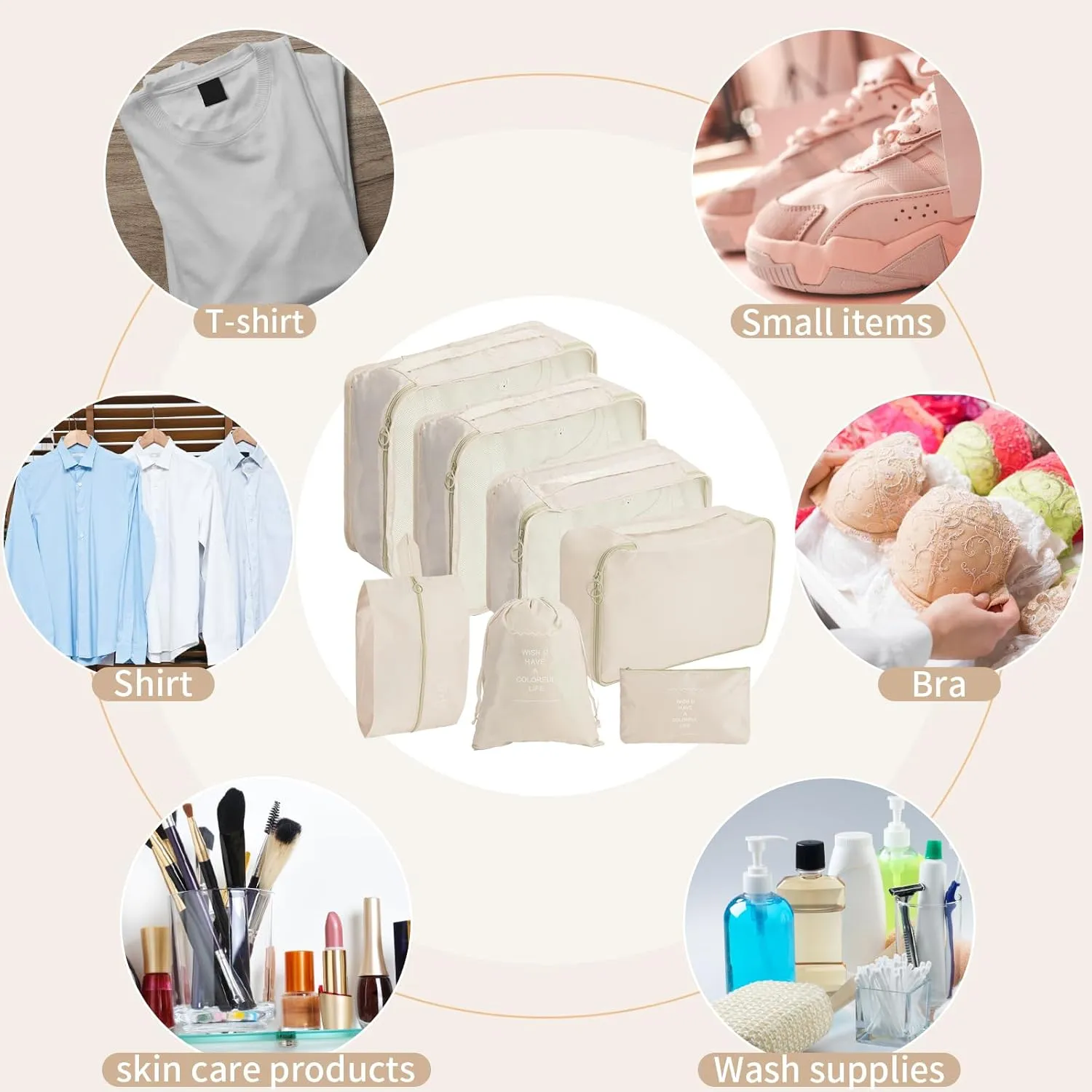7 PCS Packing Cubes for Suitcases, Travel Luggage Organizers Bags Packing Cube Waterproof Travel Essentials Bag Packing Cubes for Clothes Shoes Storage Bags, Beige