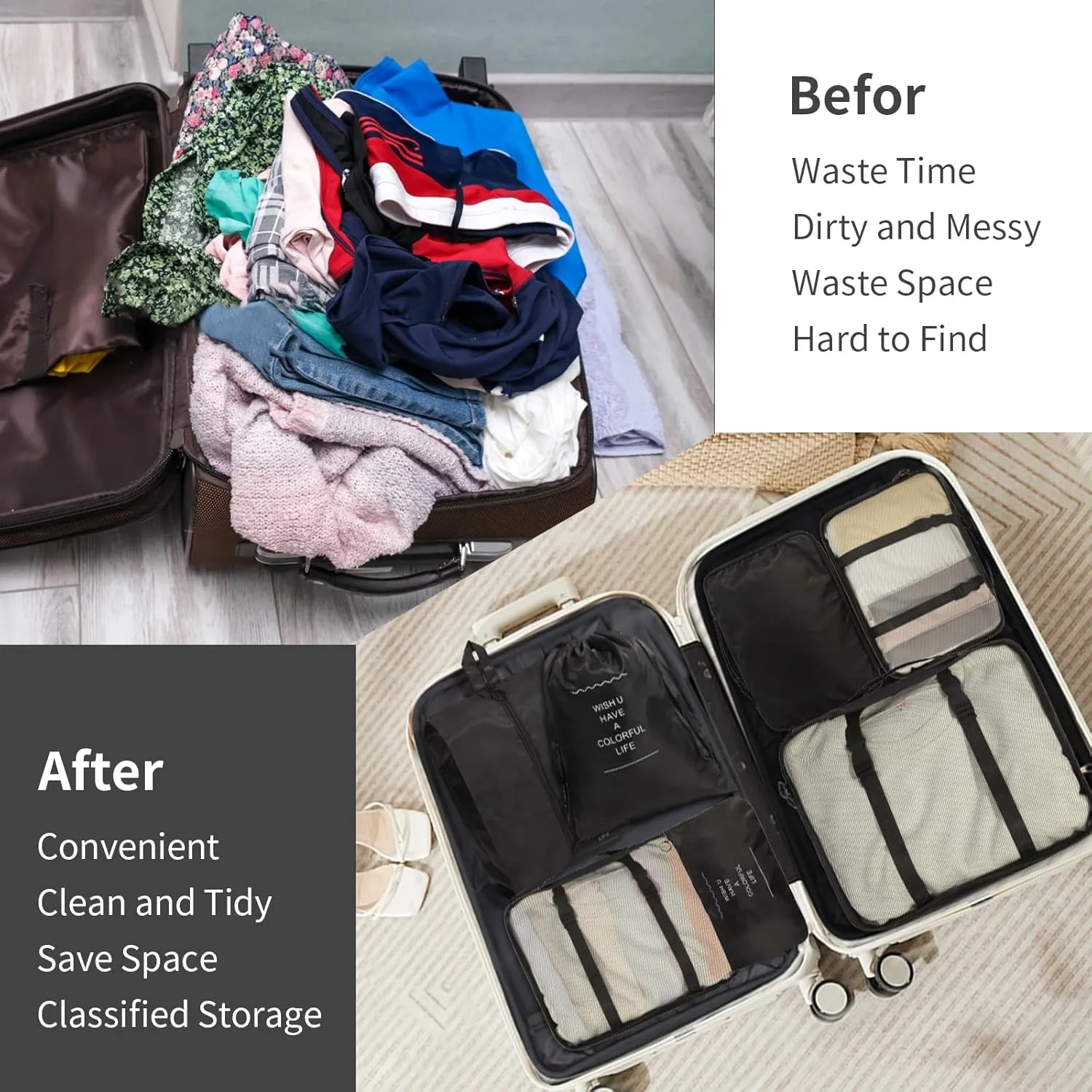 7PCS Packing Cubes for Suitcases, Travel Luggage Organizer Bags, Suitcase Organizer Bags Set for Carry on Luggage Travel Essentials, Black