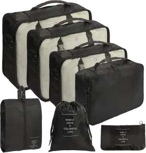 7PCS Packing Cubes for Suitcases, Travel Luggage Organizer Bags, Suitcase Organizer Bags Set for Carry on Luggage Travel Essentials, Black
