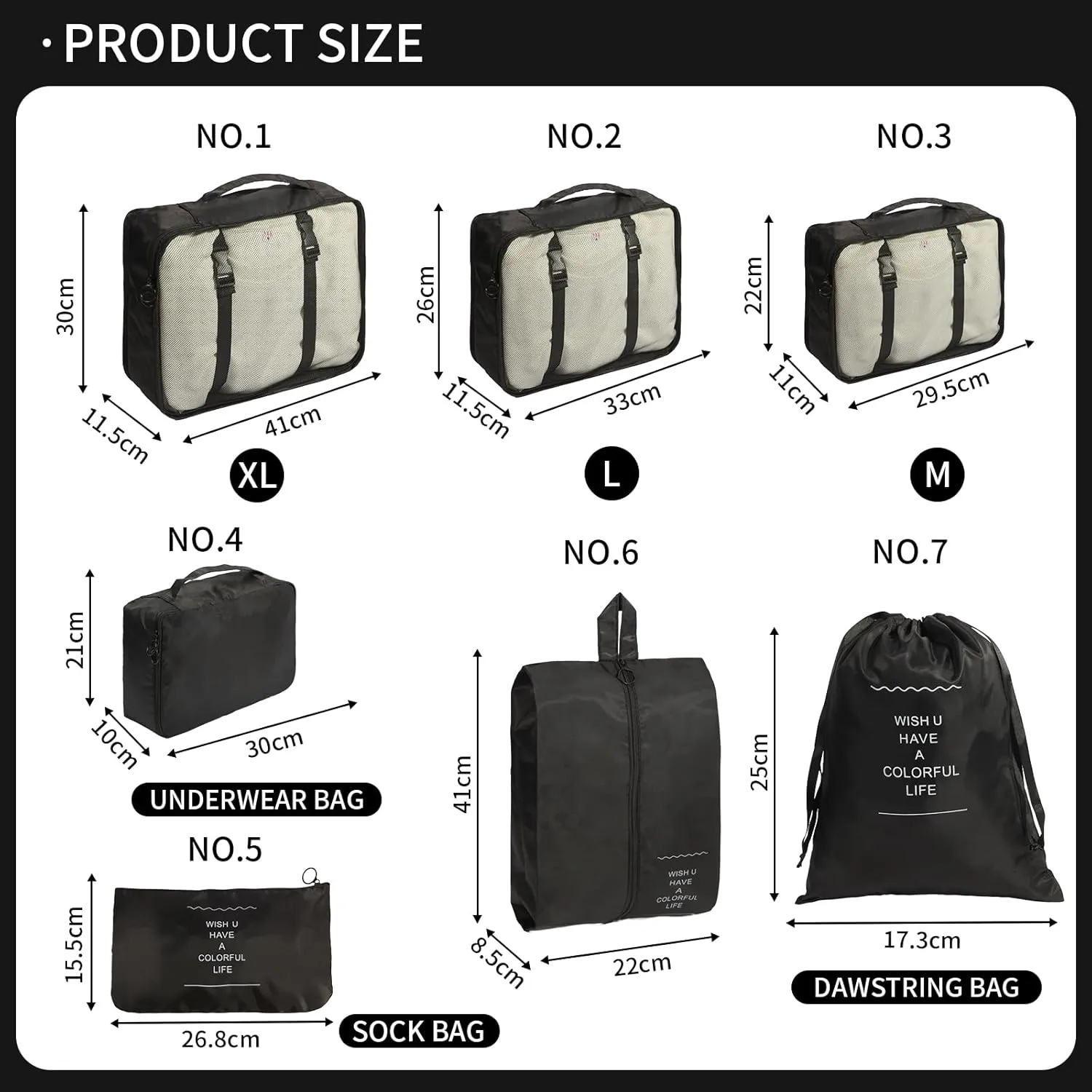 7PCS Packing Cubes for Suitcases, Travel Luggage Organizer Bags, Suitcase Organizer Bags Set for Carry on Luggage Travel Essentials, Black