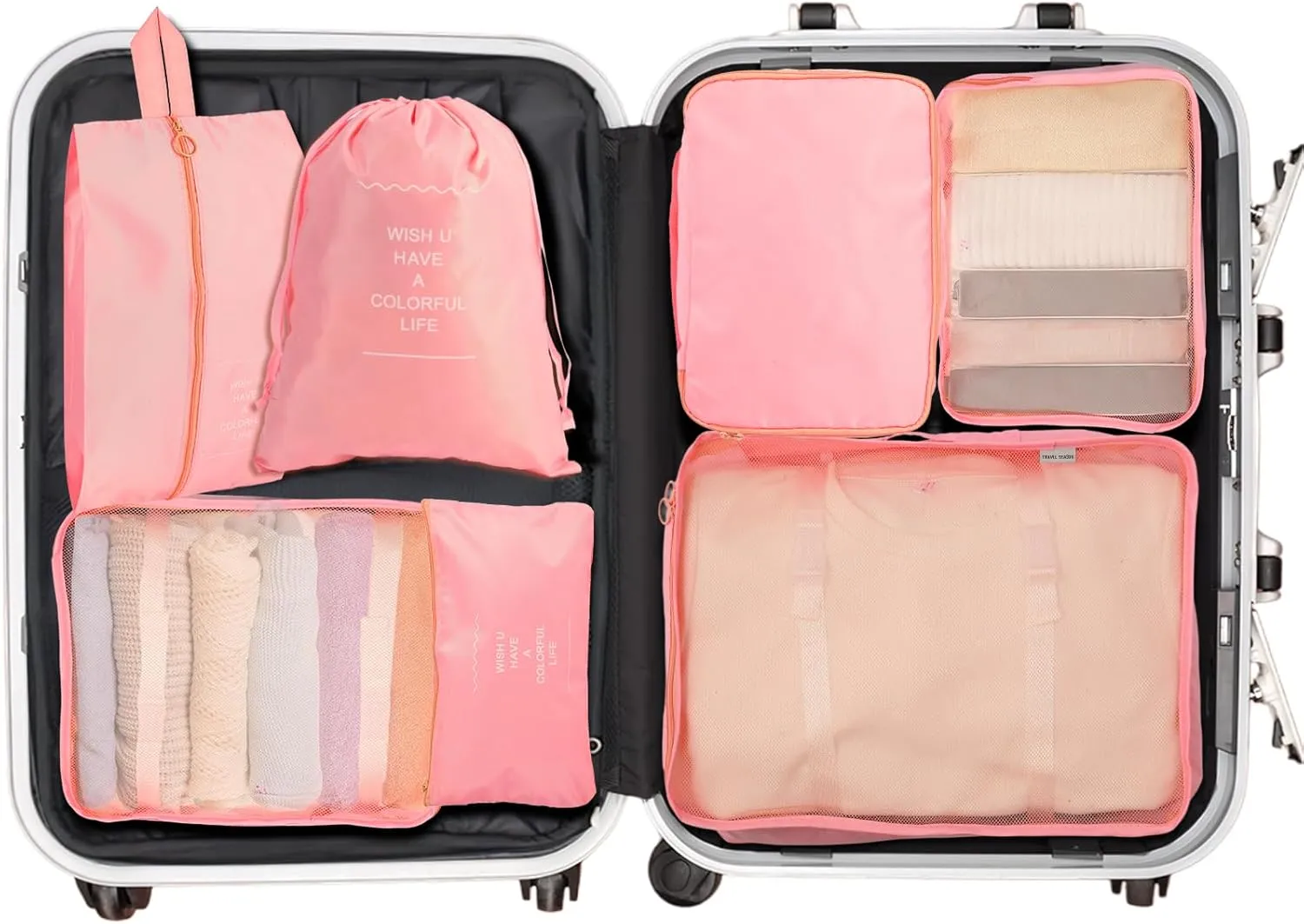 7PCS Packing Cubes for Suitcases, Travel Luggage Organizer Bags, Suitcase Organizer Bags Set for Carry on Luggage Travel Essentials, Pink