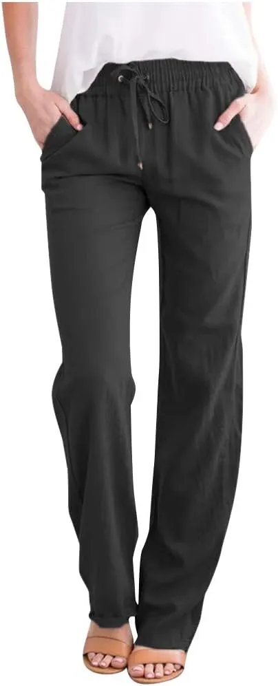 aihihe Linen Pants for Women Casual Summer Drawstring Elastic High Waist Yoga Pants Loose Fit Comfy Straight Leg Palazzo Pant