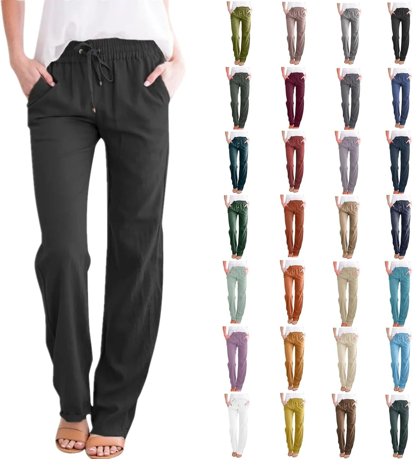 aihihe Linen Pants for Women Casual Summer Drawstring Elastic High Waist Yoga Pants Loose Fit Comfy Straight Leg Palazzo Pant