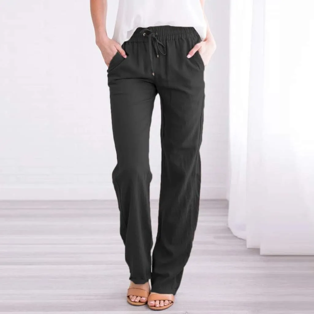 aihihe Linen Pants for Women Casual Summer Drawstring Elastic High Waist Yoga Pants Loose Fit Comfy Straight Leg Palazzo Pant