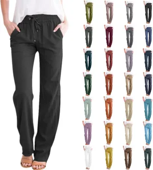 aihihe Linen Pants for Women Casual Summer Drawstring Elastic High Waist Yoga Pants Loose Fit Comfy Straight Leg Palazzo Pant