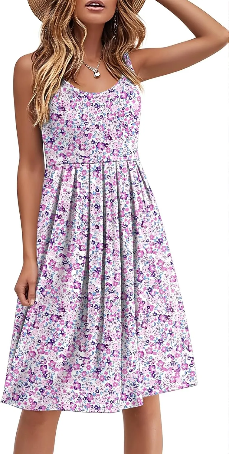 Akihoo Women Summer Casual Sleeveless Midi Plain Pleated Tank Vest Dresses