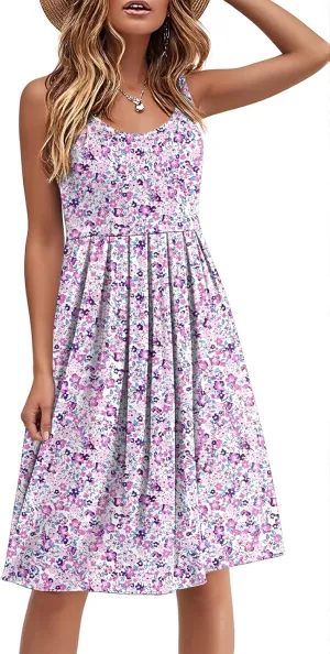 Akihoo Women Summer Casual Sleeveless Midi Plain Pleated Tank Vest Dresses