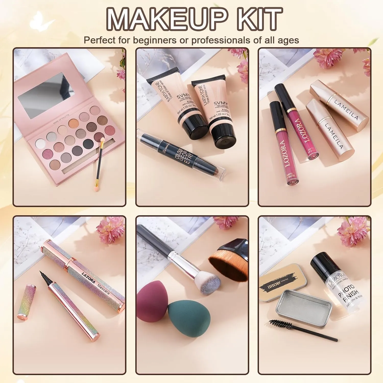 All-in-One Makeup Set: 18-Color Eyeshadow Palette, Lipsticks, Brushes & Eyebrow Essentials