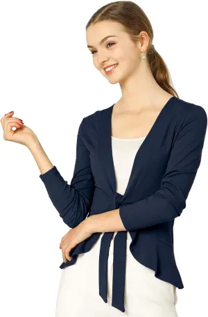 Allegra K Women's Dressy Cardigan Sweaters Tie Front Draped Ruffle Knit Cardigans