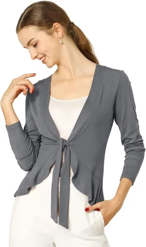 Allegra K Women's Dressy Cardigan Sweaters Tie Front Draped Ruffle Knit Cardigans
