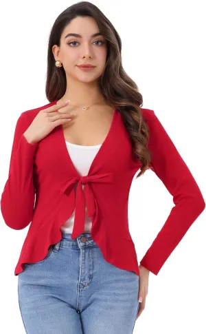 Allegra K Women's Dressy Cardigan Sweaters Tie Front Draped Ruffle Knit Cardigans