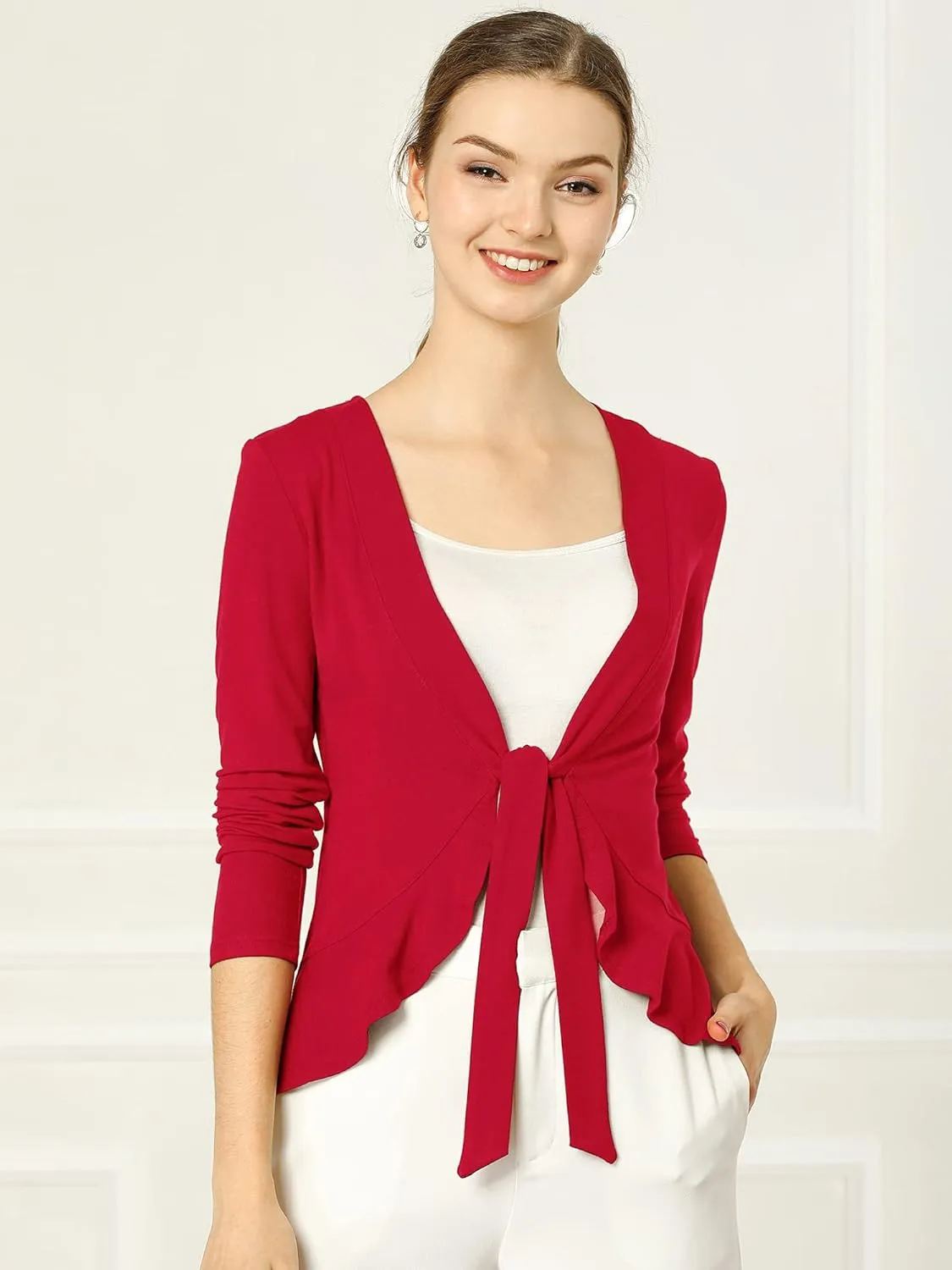 Allegra K Women's Dressy Cardigan Sweaters Tie Front Draped Ruffle Knit Cardigans