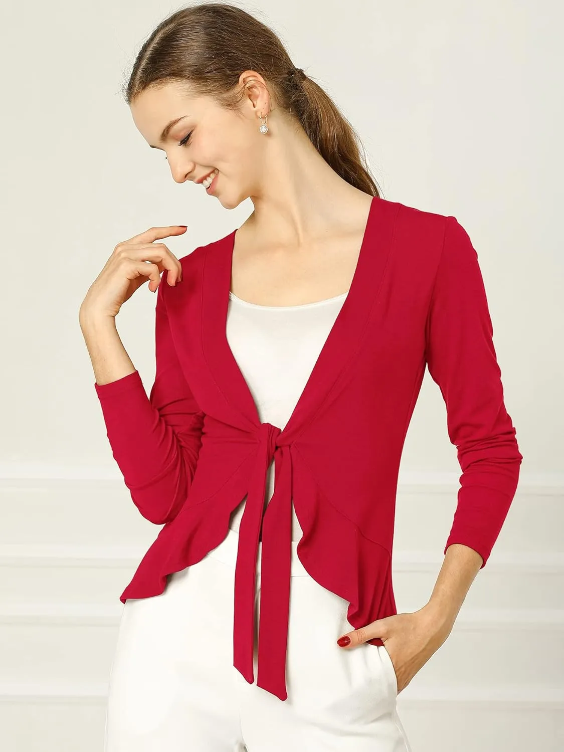 Allegra K Women's Dressy Cardigan Sweaters Tie Front Draped Ruffle Knit Cardigans