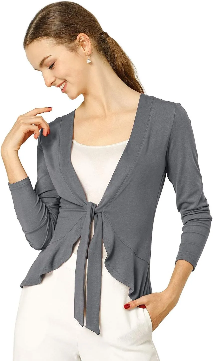 Allegra K Women's Dressy Cardigan Sweaters Tie Front Draped Ruffle Knit Cardigans
